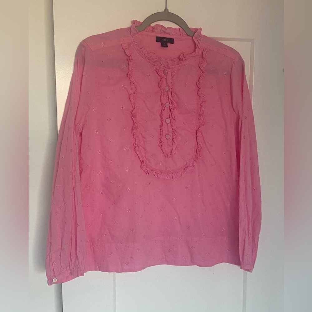 J Crew Pink Cotton Eyelet Long sleeved Blouse size Medium like new condition